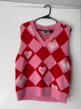 Reclaimed Vintage Pink & Red Argyle Heart Knit V-Neck Sweater Vest
